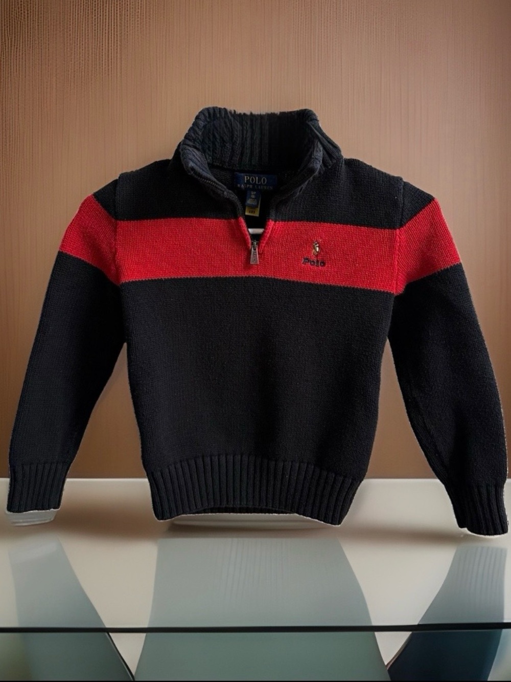 Polo Ralph Lauren Boys S 8 Quarter Zip Sweater Black Red Colorblock Cotton